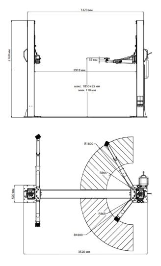Двухстоечный подъемник Trommelberg TST55W 5.5т, электрогидравлический, 380В, с нижней синхронизацией, 110-1905 мм