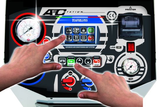 Установка автомат для заправки автомобильных кондиционеров TopAuto RR700Touch с сенсорным экраном, возможностью работы с гибридными авто