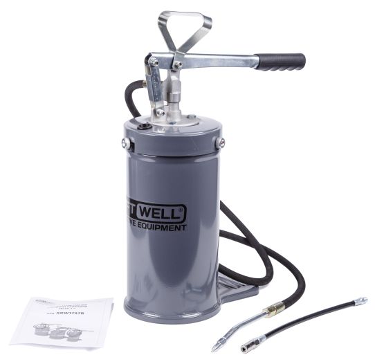 Нагнетатель смазки ручной для бочек на 5 л, Kraftwell KRW1797B, механический, с подающим шлангом на 1.5 м