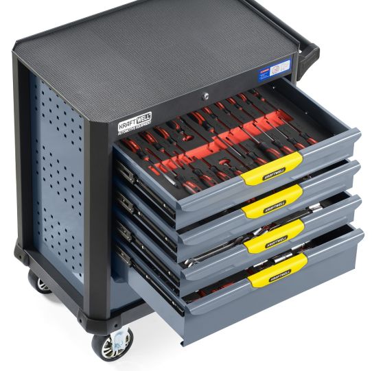 Тележка инструментальная KraftWell KRW-TTG+SET157, 5 ящиков, с набором инструментов 157 предметов