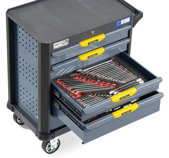 Тележка инструментальная KraftWell KRW-TTG+SET157, 5 ящиков, с набором инструментов 157 предметов