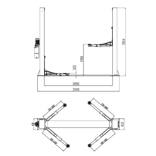 Двухстоечный подъемник KraftWell KRW4DLM 4т, электрогидравлический, 380В, с нижней синхронизацией, 120-1900 мм