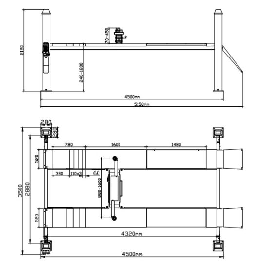 Четырехстоечный подъемник электрогидравлический 4т 380В KraftWell QUATTRO 4W4.3 с траверсой
