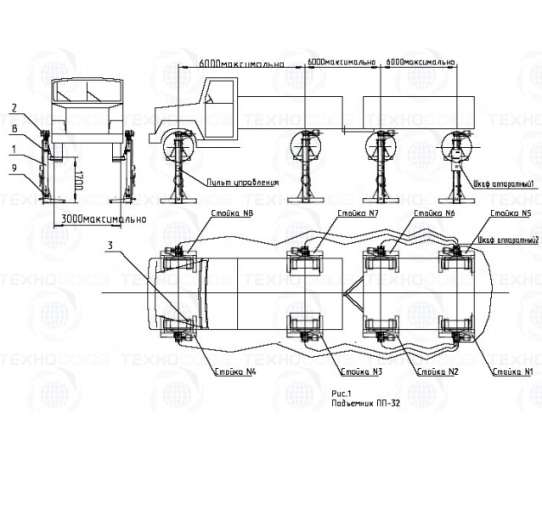 Подкатной подъемник для грузовых автомоблей электромеханический 32т АСО ПП-32, 8 колонн