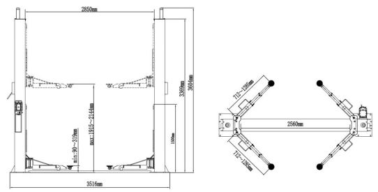 Двухстоечный подъемник Atis A245M (PEAK 210) 4.5т, электрогидравлический, 220 и 380В, с нижней синхронизацией, 90-2144 мм