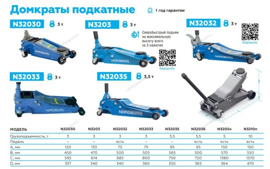 Подкатной гидравлический домкрат до 10 тонн, 160-560мм с педалью Nordberg N3210N