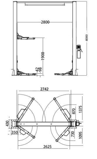 Двухстоечный подъемник Trommelberg TST45D 4.2т, электрогидравлический, 380В, с верхней синхронизацией, 98-1900 мм