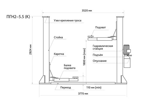 Двухстоечный подъемник Станкоимпорт ПГН2-5.5(К) 5.5т, электрогидравлический, 380В, с нижней синхронизацией, 110-1800 мм