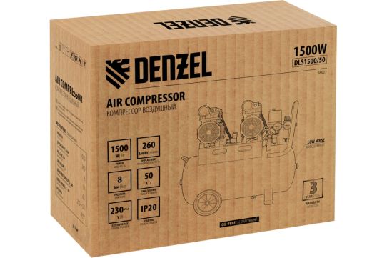 Поршневой компрессор 50 л, 260 л/м, 230В, 1.5 кВт, коаксиальный (прямой), безмасляный DENZEL DLS 1500/50