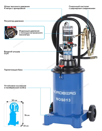 Нагнетатель смазки пневматический, емкость 12 л, давление до 400 бар, с шарнирным пистолетом NO5013 Nordberg