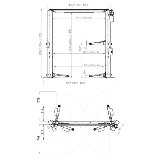 Двухстоечный подъемник BRIGHT BETA 45S 4.5т, электрогидравлический, 380В, с верхней синхронизацией, 110-1862 мм