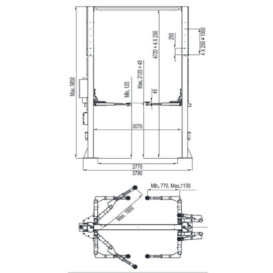 Двухстоечный подъемник eqtree™ TL 2080Е 8т, электрогидравлический, 380В, с верхней синхронизацией, 165-2120 мм