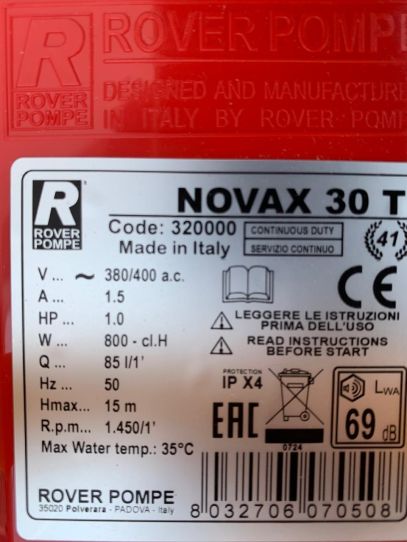 Вихревой насос для перекачки топлива Roverpompe NOVAX 30T_380В 0.75 кВт поверхностный с производительностью 85 л/м 380