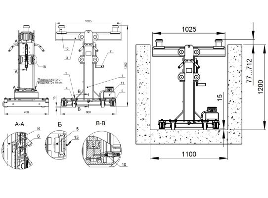 Канавный пневмогидравлический подъемник 20 т, рельсовый, одноштоковый ПРК-20