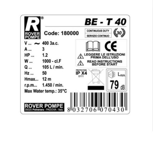 Вихревой насос для перекачки топлива, Roverpompe BE-T 40_380В 0.8 кВт, поверхностный, с производительностью 108 л/мин