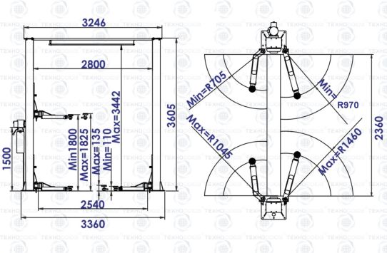 Двухстоечный подъемник Техносоюз TS-1114MR 4т, электрогидравлический, с верхней синхронизацией, 110-1800 мм