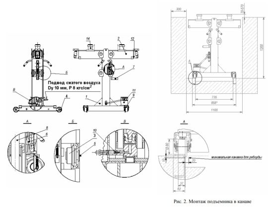 Канавный пневмогидравлический подъемник 10т, рельсовый ПРК-10
