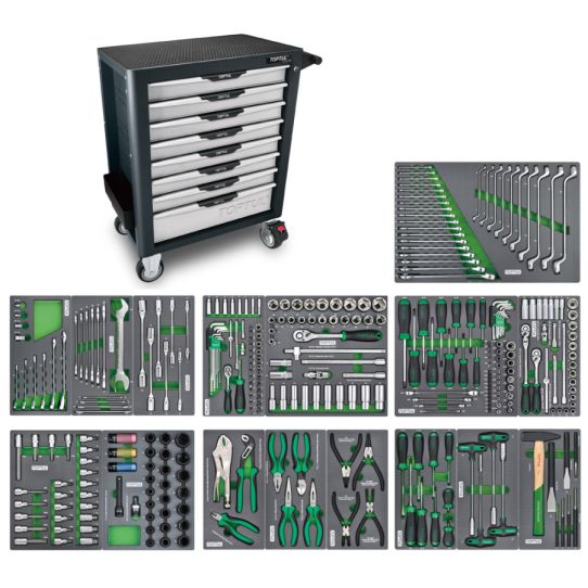 Тележка инструментальная TOPTUL GE-32203, 8 ящиков, с набором инструментов 322 предмета 