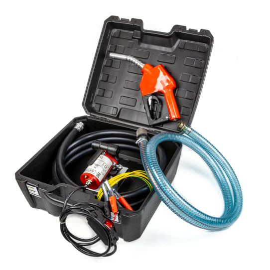 Насос для бензина 12V в пластиковом ящике EXBOX (шланги, пистолет) вид под углом
