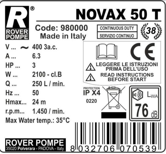 Вихревой насос для перекачки топлива, Roverpompe NOVAX 50T_380В 2.2x1500 кВт, поверхностный, с подачей 2,0-8,0-14,0 м3/час