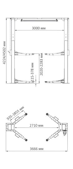 Двухстоечный подъемник Atis A250CHM (PEAK 211CX) 5т, электрогидравлический, 220 и 380В, с верхней синхронизацией, 115-2283 мм