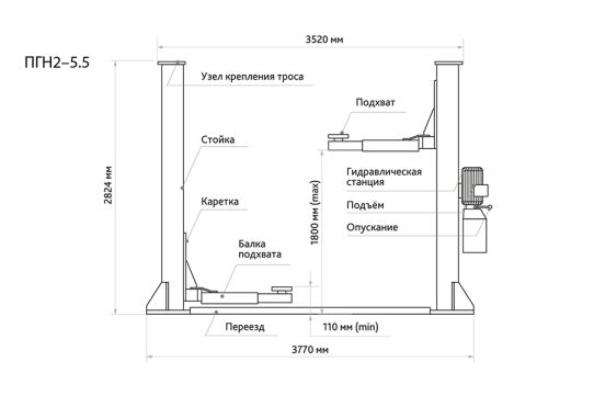 Двухстоечный подъемник Станкоимпорт ПГН2-5.5 380В 5.5т, электрогидравлический, 380В, с нижней синхронизацией, 110-1800 мм