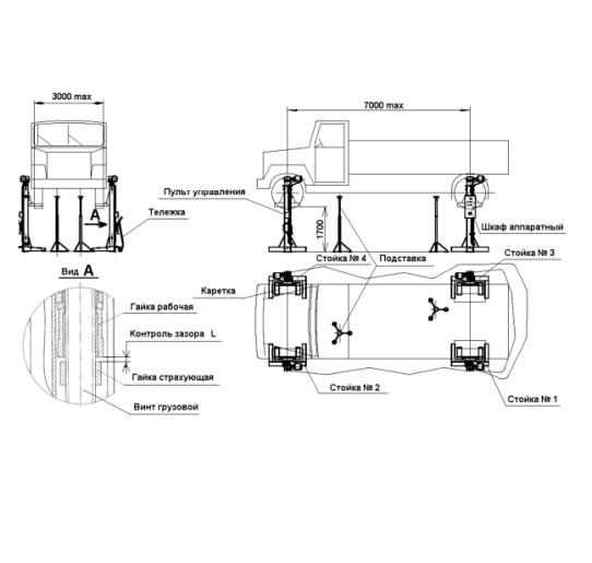 Подкатной подъемник для грузовых автомобилей электромеханический 30т АСО ПП-30М, 4 колонны