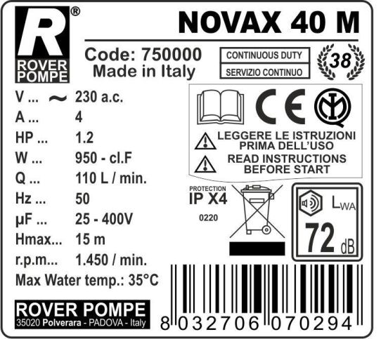 Вихревой насос для перекачки топлива, Roverpompe NOVAX 40M 0.9 кВт, поверхностный, с производительностью 108 л/мин