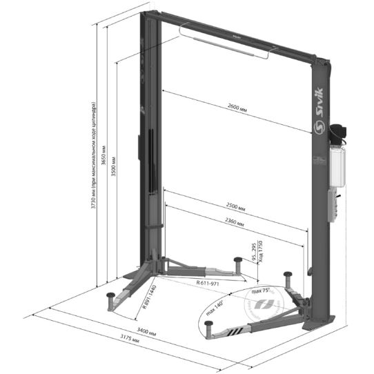 Двухстоечный подъемник Sivik ПГА-3500-Е серый 3.5т, электрогидравлический, 380В, с верхней синхронизацией, 95-2045 мм