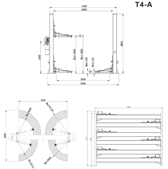 Двухстоечный подъемник Atis T4A 4т, электрогидравлический, 380В, с нижней синхронизацией, 110-1800 и 1825 мм