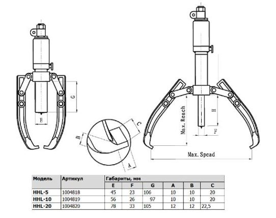 Съемник гидравлический TOR HHL-10S 10т со встроенным насосом и фиксатором лап