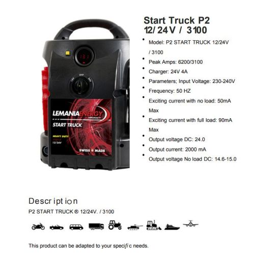 Пусковое устройство бустер 12/24В, 5000А макс, свинцово-кислотный аккумулятор 44Ач, автоматический запуск LEMANIA ENERGY P2-ST