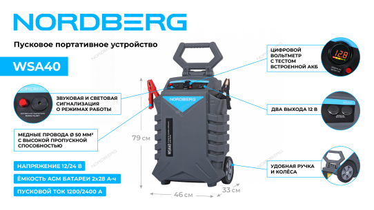 Пусковое устройство бустер 12/24 В, 2400 А ток пуска, 2х28 Ач AGM аккумулятор, с цифровым дисплеем Nordberg WSA40