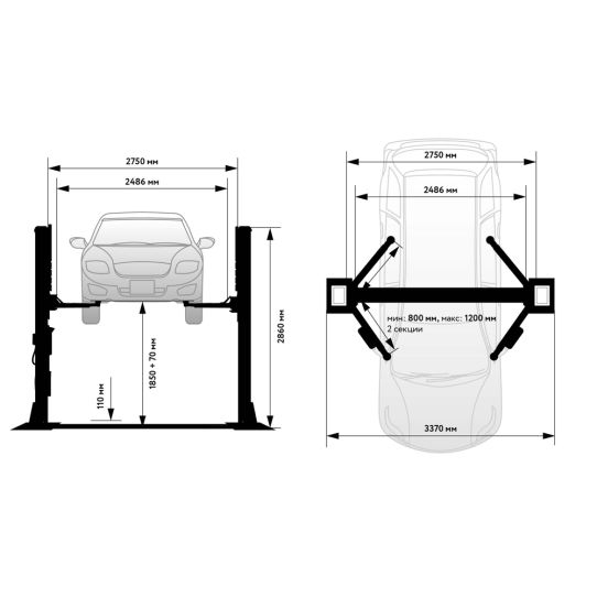 Двухстоечный подъемник Wiederkraft WDK-522/220 4т, электромеханический, 220В, с нижней синхронизацией, 110-1920 мм