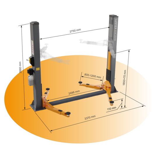 Двухстоечный подъемник Wiederkraft WDK-522/380 4т, электрогидравлический, 380В, с нижней синхронизацией, 110-1920 мм