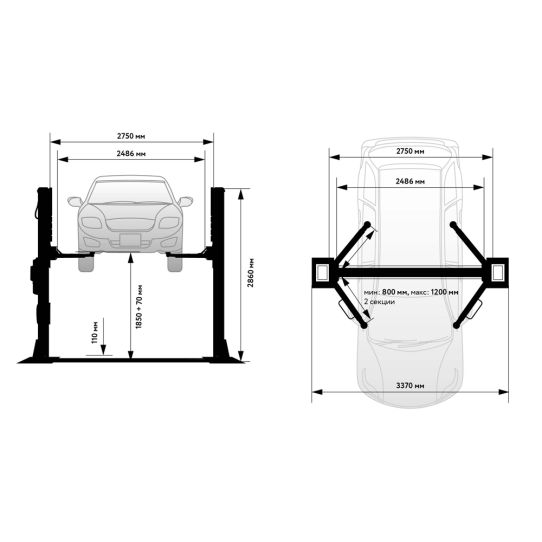 Двухстоечный подъемник Wiederkraft WDK-522E 4т, электрогидравлический, 380В, с нижней синхронизацией, 110-1920 мм