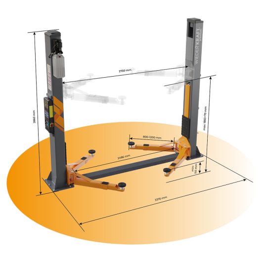 Двухстоечный подъемник Wiederkraft WDK-522E 4т, электрогидравлический, 380В, с нижней синхронизацией, 110-1920 мм