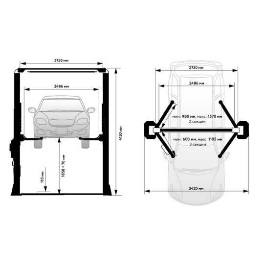 Двухстоечный подъемник Wiederkraft WDK-529 4т, электрогидравлический, 380В, с верхней синхронизацией, 110-1920 мм