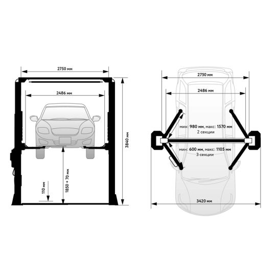 Двухстоечный подъемник Wiederkraft WDK-529E 4т, электрогидравлический, 380В, с верхней синхронизацией, 110-1920 мм