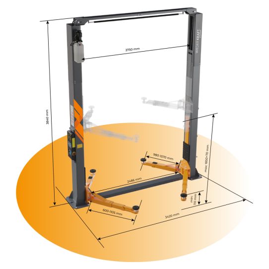 Двухстоечный подъемник Wiederkraft WDK-529E 4т, электрогидравлический, 380В, с верхней синхронизацией, 110-1920 мм
